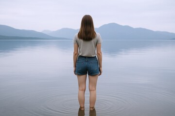 Fototapeta premium Woman Standing in Lake Facing Mountains: Serene Landscape with Reflections and Natural Beauty