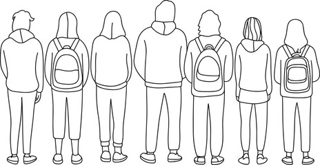 Back view of people in hoodies, backpacks, casual clothing, group illustration, line art, black and white drawing, standing pose