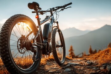 Obraz premium Electric Mountain Bike on Trail with Mountain View, Adventure Cycling and Nature Photography