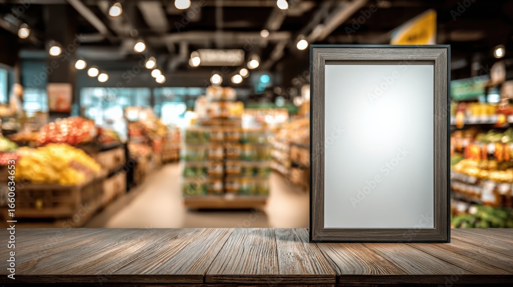 Poster blank frame mockup on wood table in supermarket with blurred background for product display