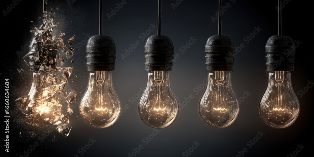 Poster creative concept: exploding light bulb beside intact bulbs, representing ideas and innovation in a r