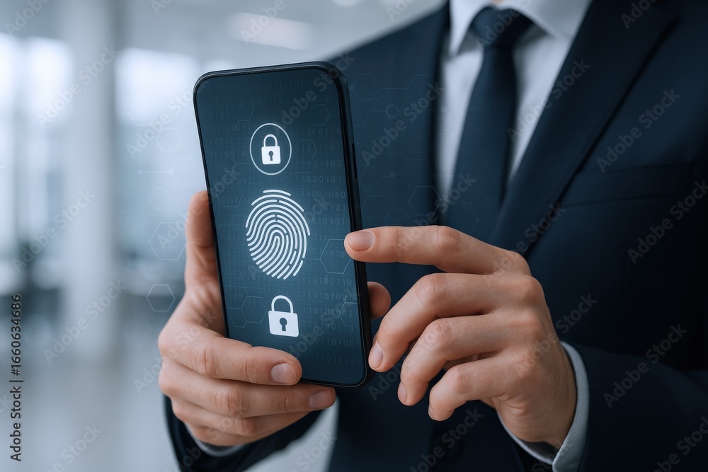Poster smartphone security concept: businessman holding phone with fingerprint scan authentication for secu