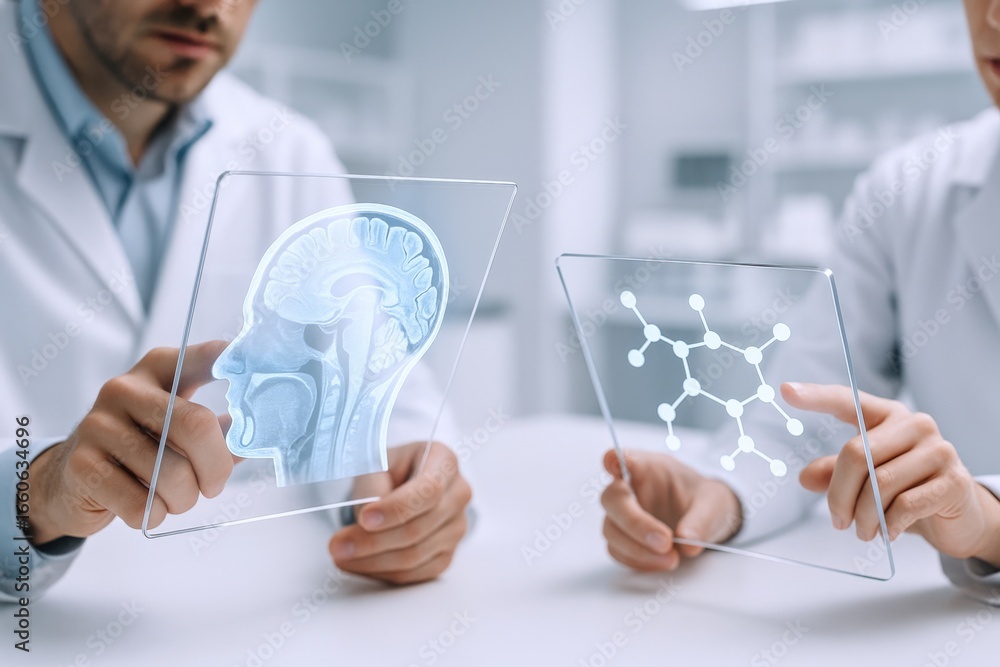 Aufkleber scientists analyzing human brain scan and molecular structure on transparent screens in modern labor