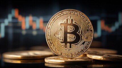 Cryptocurrency Golden Coin on Black Background with Stock Market Chart Symbolizing Digital Finance