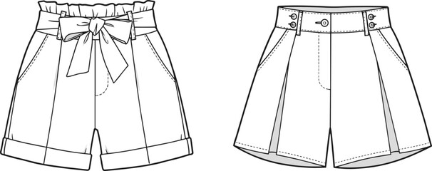 Cad drawing flat vector illustration of high waist women’s shorts with paperbag belt and pleated design, front and back view, technical fashion sketch © Best_Design