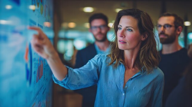 Businesswoman Leading Strategy Meeting with Colleagues, Analyzing Data and Charts for Strategic Planning in Modern Office