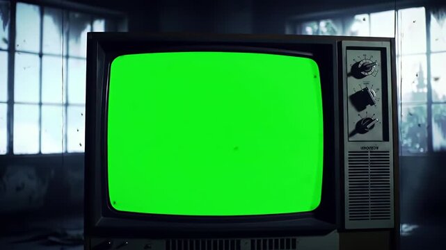 Ethereal Green Screen Retro TV in Abandoned Studio: Sunlit Dust Motes and Vintage Film Grain