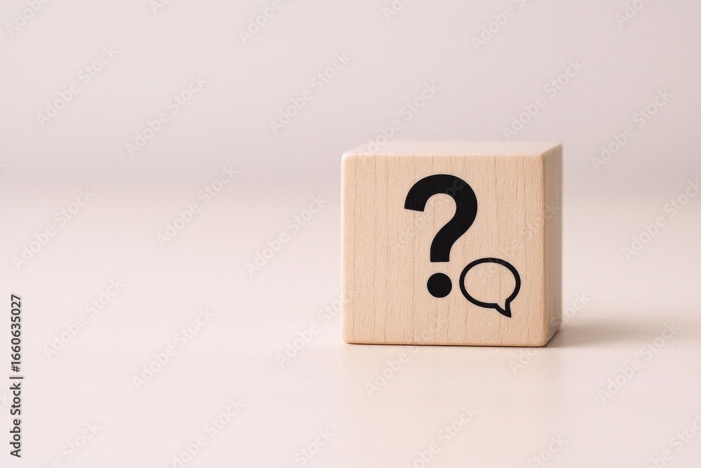 Poster wooden block displaying question mark and speech bubble graphic against a neutral background