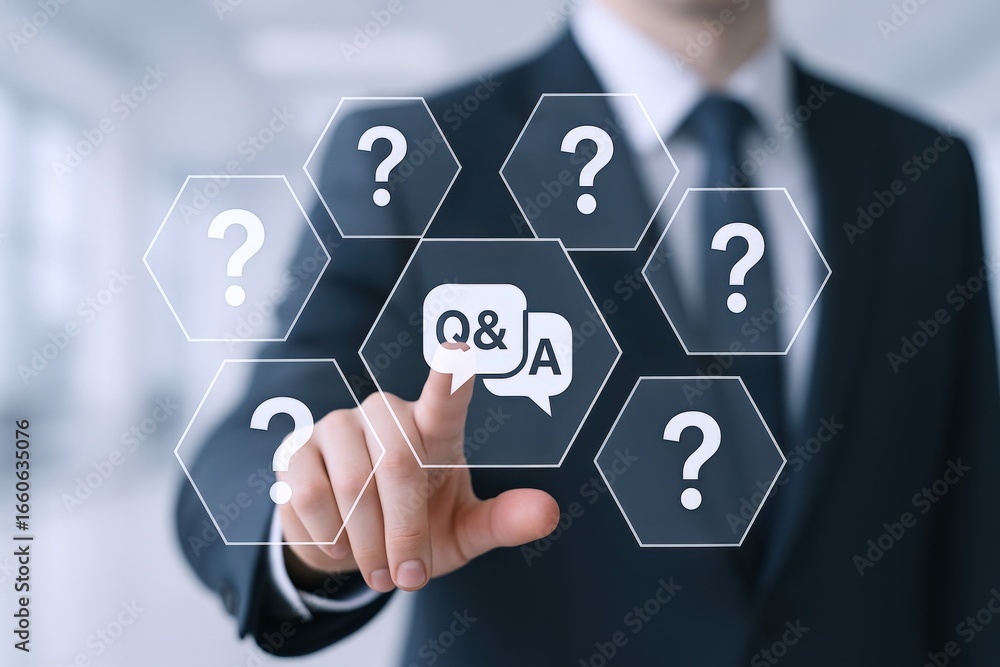 Poster interactive faq interface: businessman navigating digital questions and answers with modern touchscr