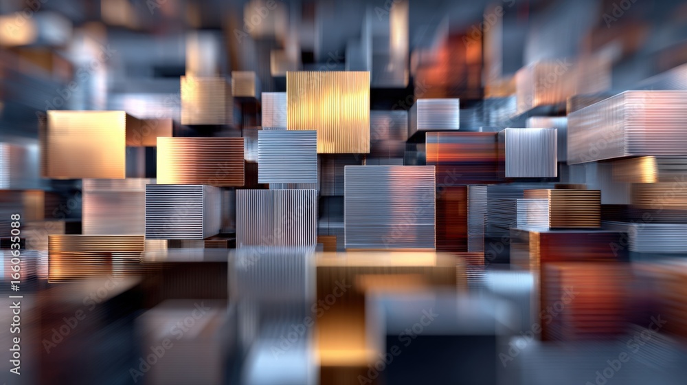 Poster abstract array of metallic cubes suspended in space with motion blur for modern backgrounds
