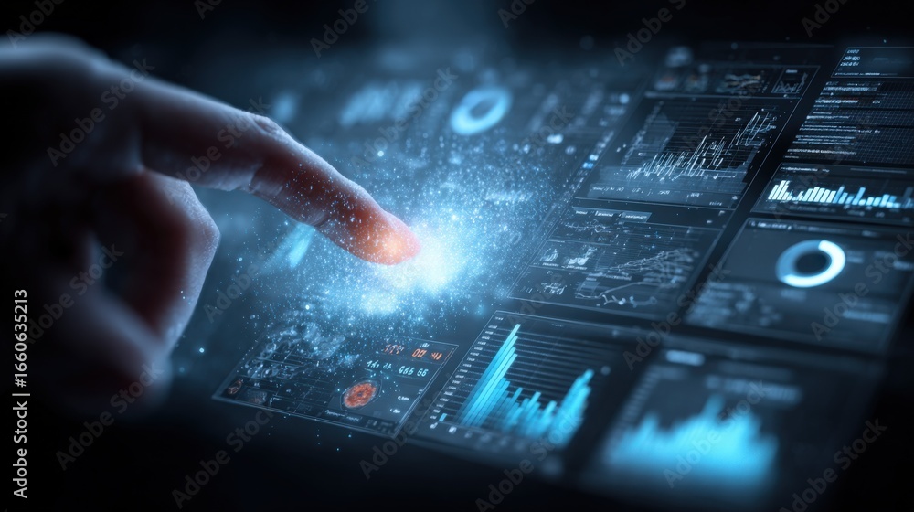 Aufkleber human finger touching interactive screen displaying charts, graphs, and data with glowing visual eff