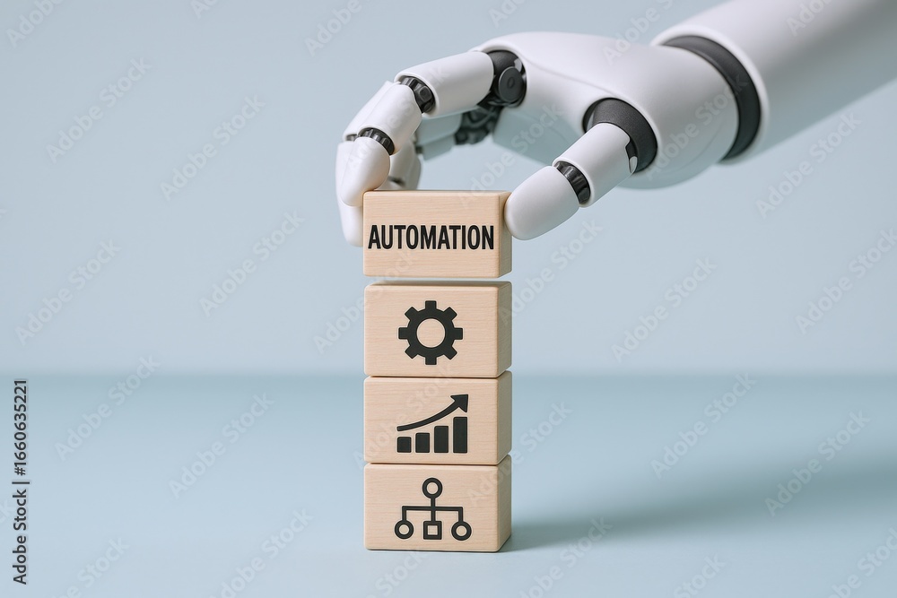 Poster robotic arm assembling automation blocks representing business process optimization and technologica