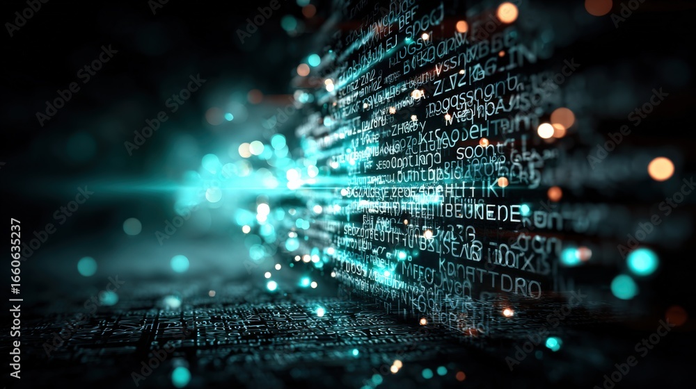 Poster futuristic data stream visualization with glowing text and particles, representing advanced technolo