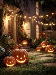 Fototapeta premium Festive Halloween Night: Illuminated Pumpkins Decorating a Cozy Home Entrance and Garden Path