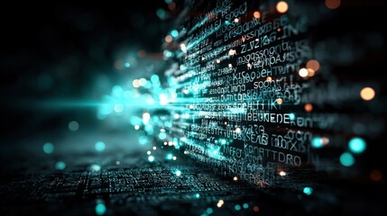 Futuristic Data Stream Visualization with Glowing Text and Particles, Representing Advanced Technology