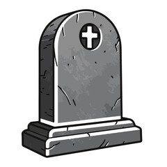 A weathered stone tombstone with a white cross on a transparent background, perfect for Halloween, memorial, or death themes