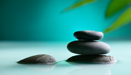 calm zen stones in milky water against a blurred turquoise background with copy space