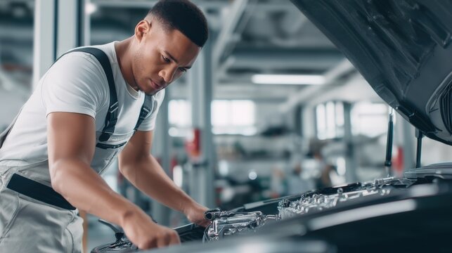 Focused Automotive Technician Inspecting Car Engine in Repair Shop for Maintenance and Diagnostics - Powered by Adobe