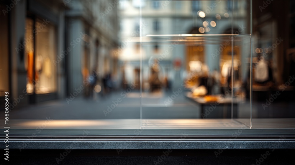 Poster storefront display window mockup with blurred city background for product presentation and advertisi