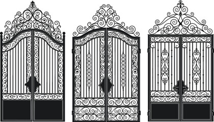 Elegant wrought iron garden gates with intricate scrollwork and vintage design, ornate black vector illustrations of luxury entrance gates.