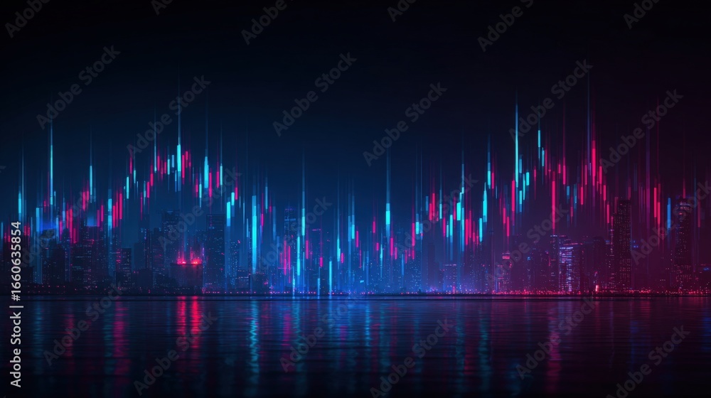 Poster abstract financial graph on cityscape background with reflection, representing market analysis and e