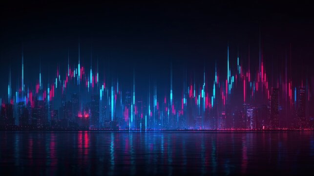 Abstract Financial Graph on Cityscape Background with Reflection, Representing Market Analysis and Economic Trends