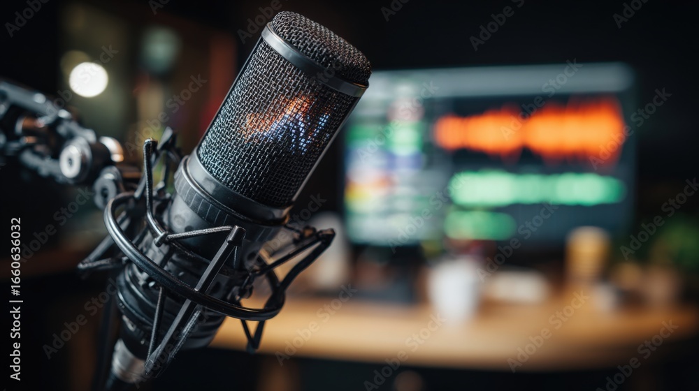 Poster professional studio microphone with audio editing software displayed, ideal for podcast recording an