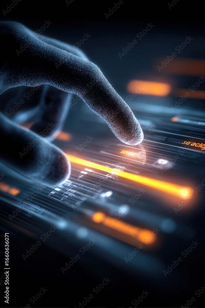 Poster finger touching futuristic interface: high-tech interaction with digital data and glowing connection