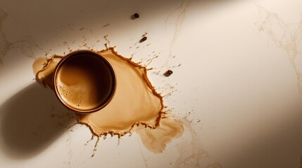 Coffee Spill on Marble Surface: Top View of Espresso Splash with Coffee Beans