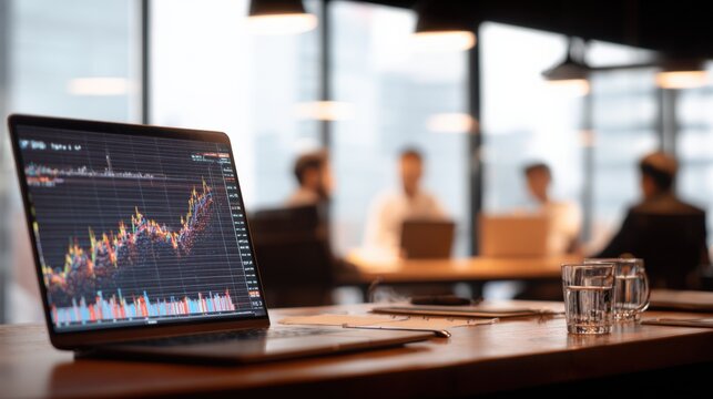 Financial Analysis on Laptop Display with Business Team in Background, Showing Market Trends and Data