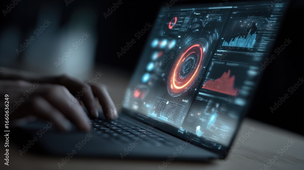 Aufkleber data analysis on laptop display with user typing, modern interface, futuristic technology concept