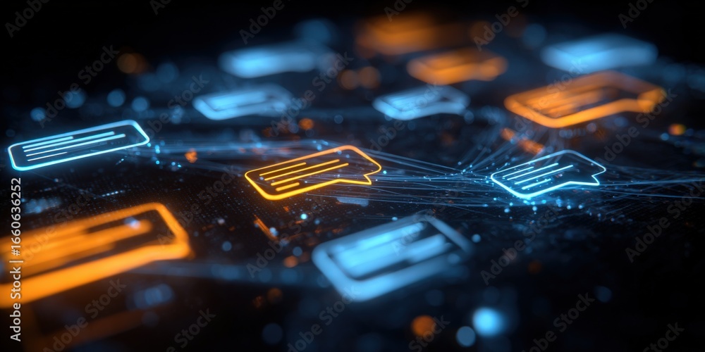 Poster futuristic communication network with glowing message icons, representing digital connection and mod