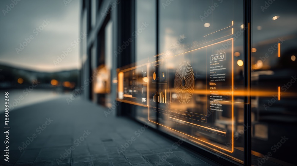 Aufkleber futuristic cityscape with digital interface overlayed on building windows reflecting urban technolog