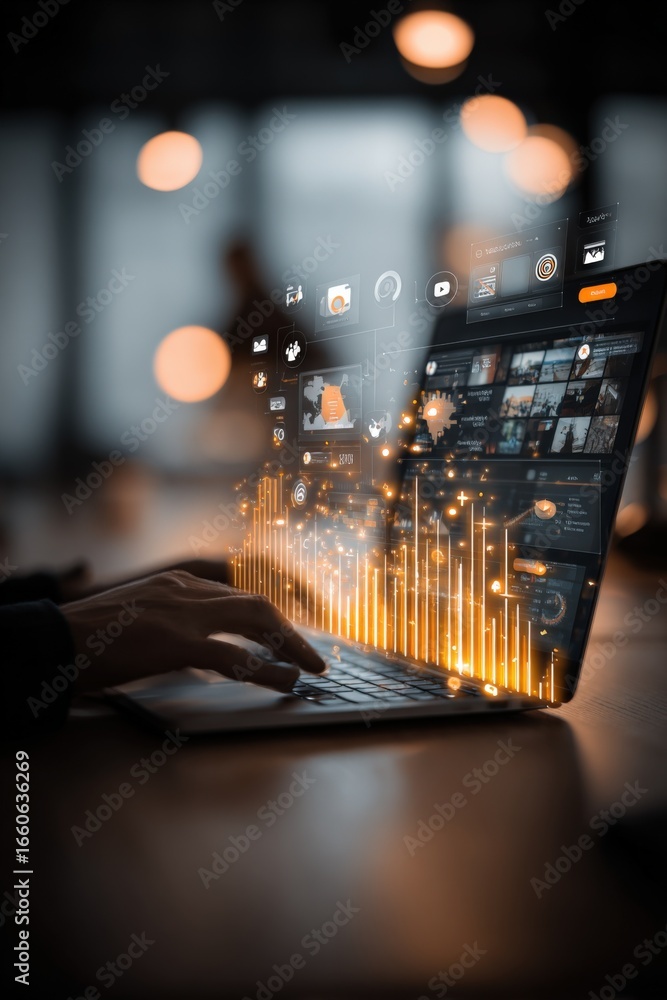 Poster hands typing on laptop with digital overlays displaying technology and communication concepts in a m