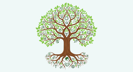 Fototapeta premium Life Tree With Thin Line Icons Representing Concepts And Metaphors