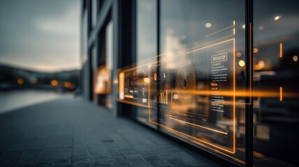Futuristic Cityscape with Digital Interface Overlayed on Building Windows Reflecting Urban Technology and Advanced Communication