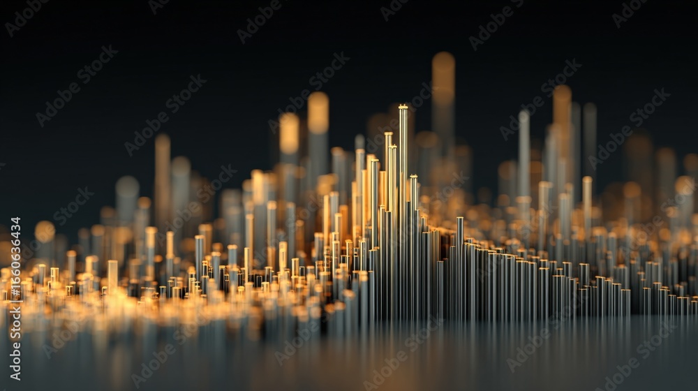 Poster abstract 3d visualization of data columns with gold accents, illustrating complex information and mo