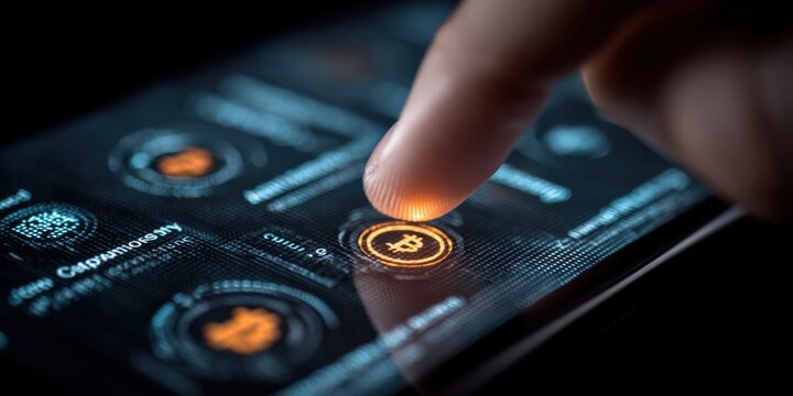 Finger touching screen of futuristic interface showing bitcoin cryptocurrency technology app, digital money transfer and investment.
