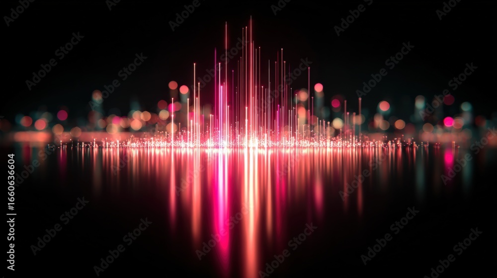 Poster abstract glowing light streaks reflecting on dark surface, representing data streams or futuristic c