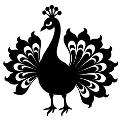 Elegant Black and White Peacock Silhouette:  Ornate Tail Feathers, Regal Bird Design,  Symbolic Illustration.