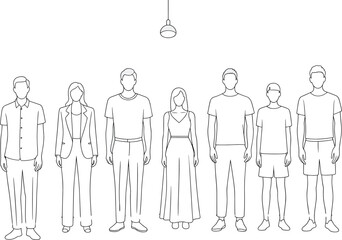 Minimalist line art group of diverse people standing under light – hand-drawn illustration of men and women in casual attire