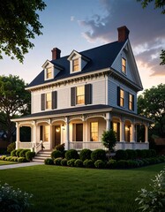 Elegant two-story home at twilight