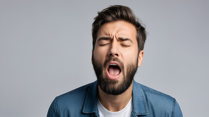 Fototapeta premium Man yawning beard closed eyes open mouth casual clothing young adult facial expression tired isolated male portrait emotion fatigue boredom unshaven short hair studio shot human person adult male