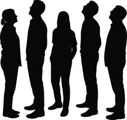 Silhouettes of people looking up, standing group vector, upward gaze, black shadow figures, curiosity pose, human silhouette illustration