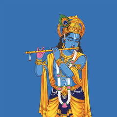 Illustration of Hindu deity Krishna playing a golden flute, adorned with a peacock feather crown and traditional jewelry, against a blue background.