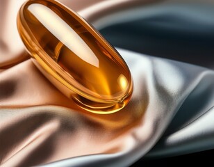 Fototapeta premium a radiant golden oil capsule is placed on a piece of silk cloth capturing a perfect blend of elegance and wellness