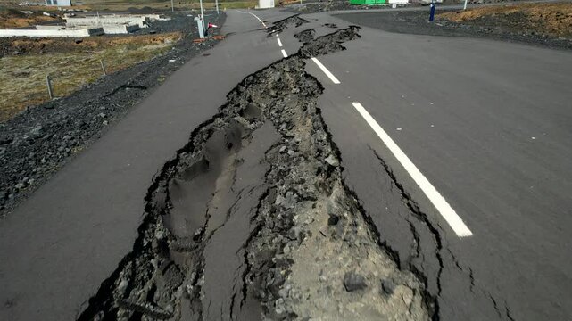 Cracked Road After Earthquake in Grindav&iacute;k, Iceland &ndash; 4K Drone