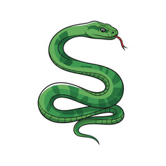 A vibrant green snake coiled in a stylized S-shape, with its tongue extended.