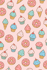 Seamless Pastel Dessert Pattern &ndash; Cupcakes, Donuts, Ice Cream Cones with Cute Cartoon Style