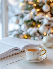 Cozy home Christmas scene with porcelain teacup on table, open book and elegant white and gold decorated Christmas tree in background with soft bokeh lights, bright and warm holiday atmosphere.